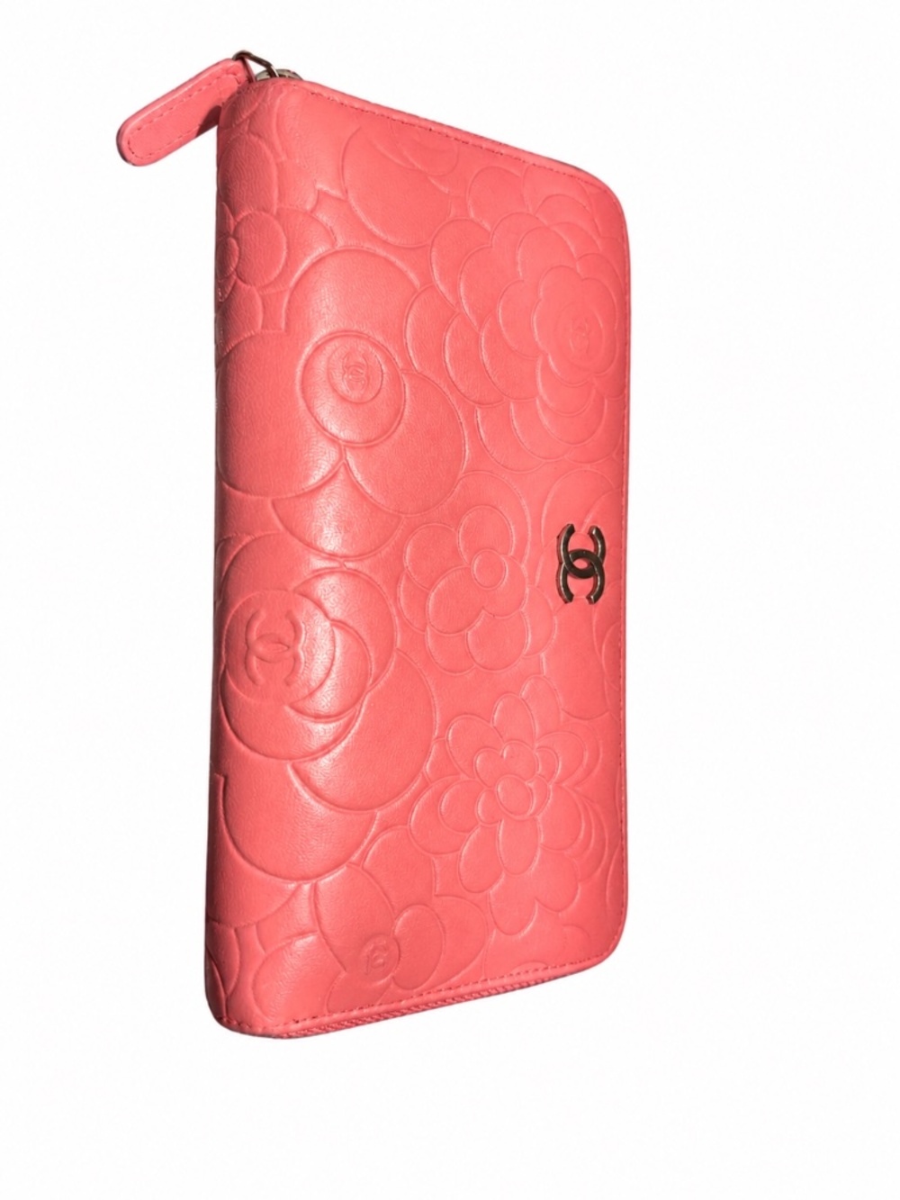 Chanel Pink Camellia Embossed Zip Around Wallet.